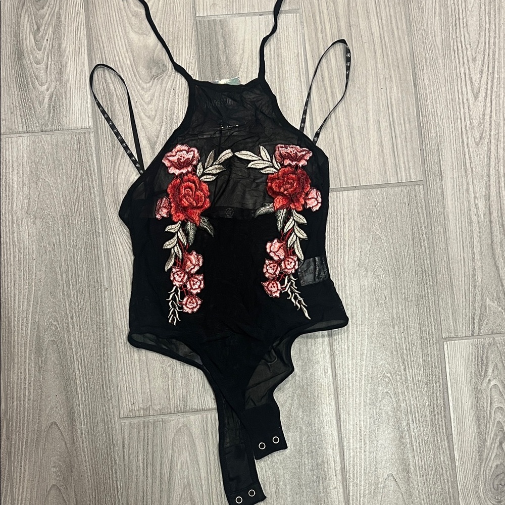 Missguided Black Bodysuit with Red and Pink Floral Design
